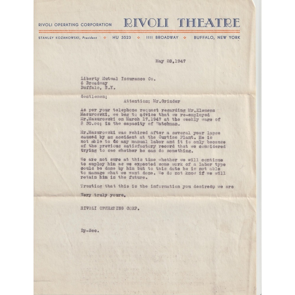 Vintage 1947 Rivoli Theatre Buffalo NY Letterhead Typewritten Business Letter - Picture 1 of 1